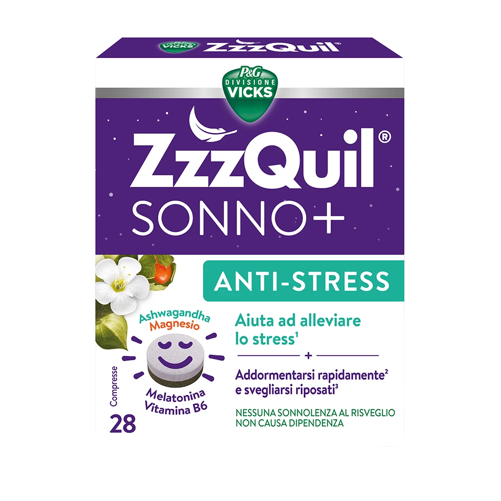 ZzzQuil Anti-Stress Integratore con Melatonina, Ashwagandha, Magnesio, Vitamina B6 ed Estratti Botanici, 28 Compresse