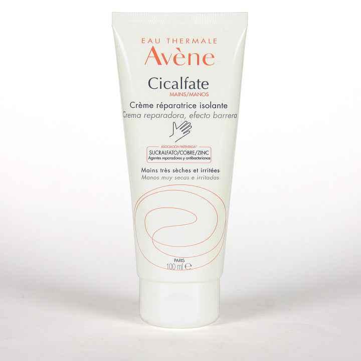 Crema mani riparatrice Cicalfate 100 ml per mani secche e irritate, tubo bianco su sfondo chiaro.