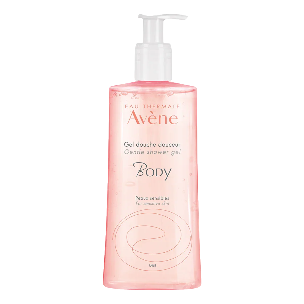 Gel doccia Avène Body per pelli sensibili, flacone trasparente con dispenser.