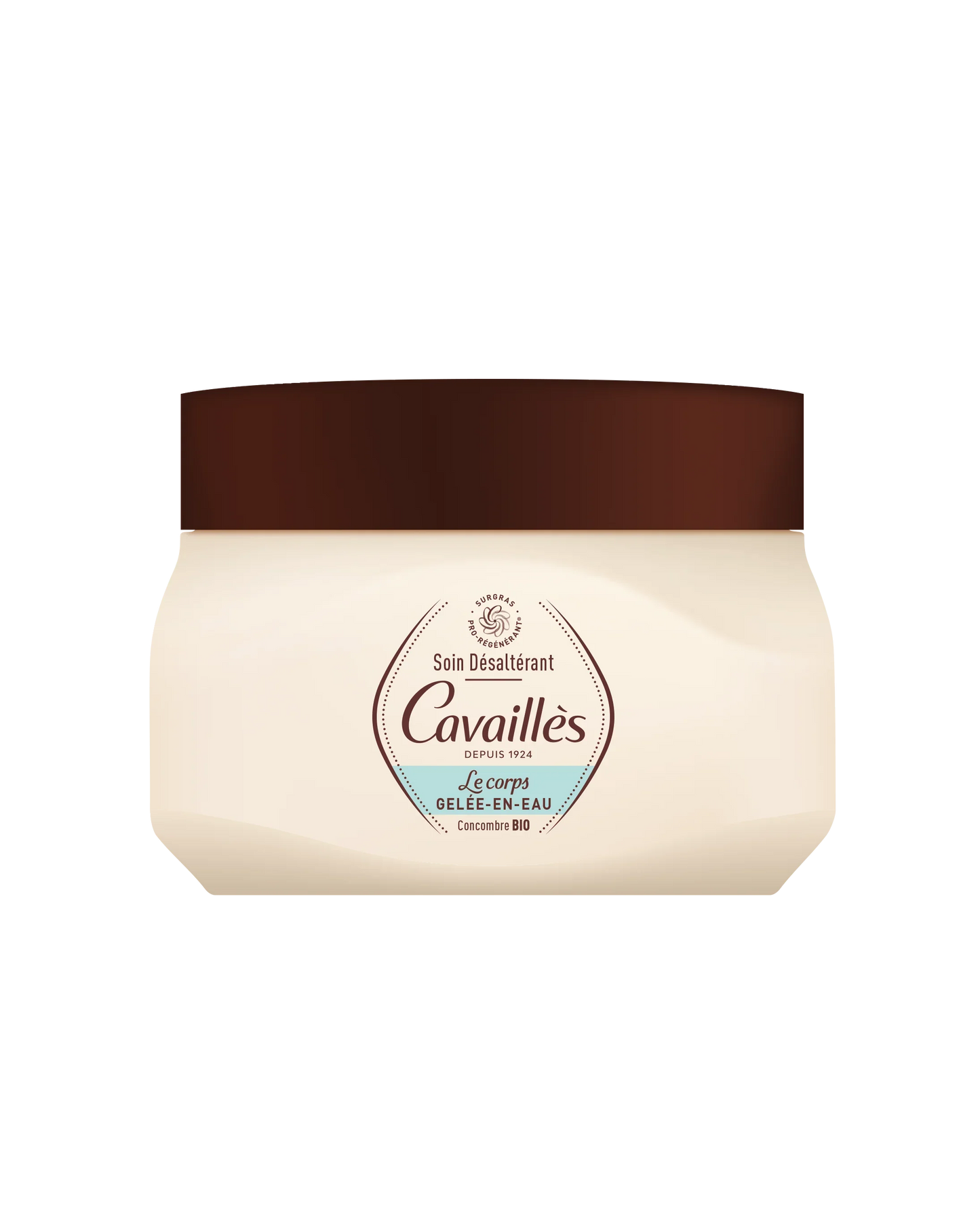 Vaso crema corpo idratante Cavaillès Gelée-en-Eau con tappo marrone, etichetta in primo piano