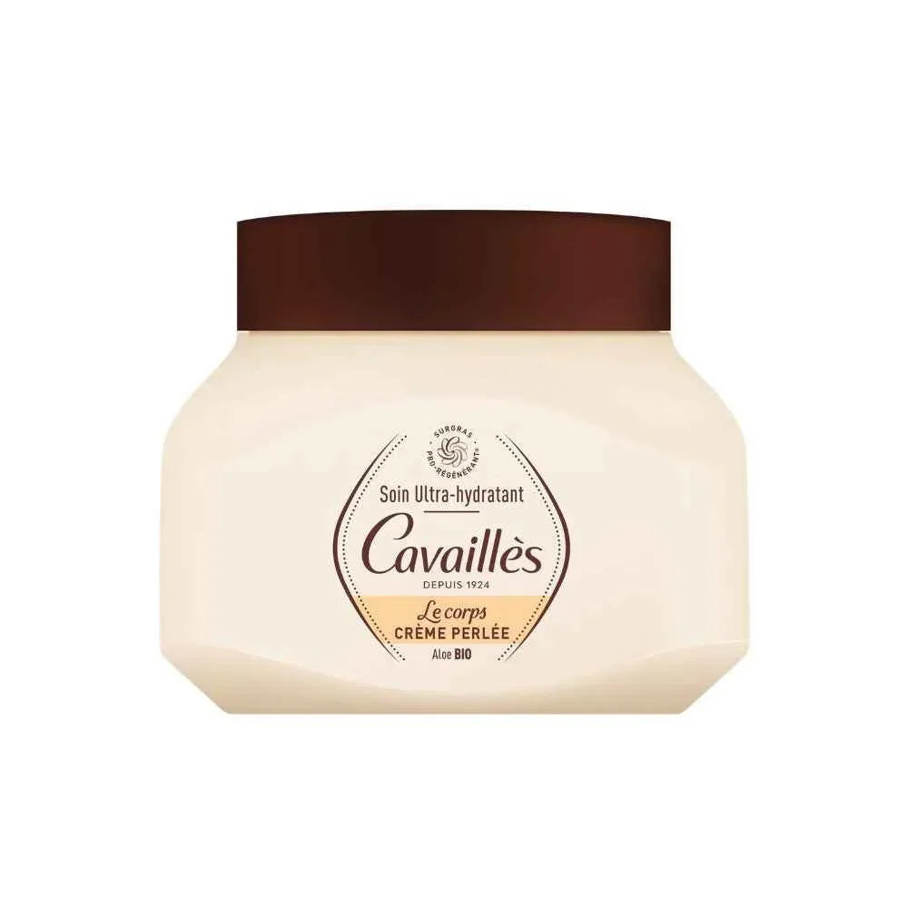 Crema corpo ultra-idratante Cavaillès con aloe bio in confezione beige e tappo marrone.