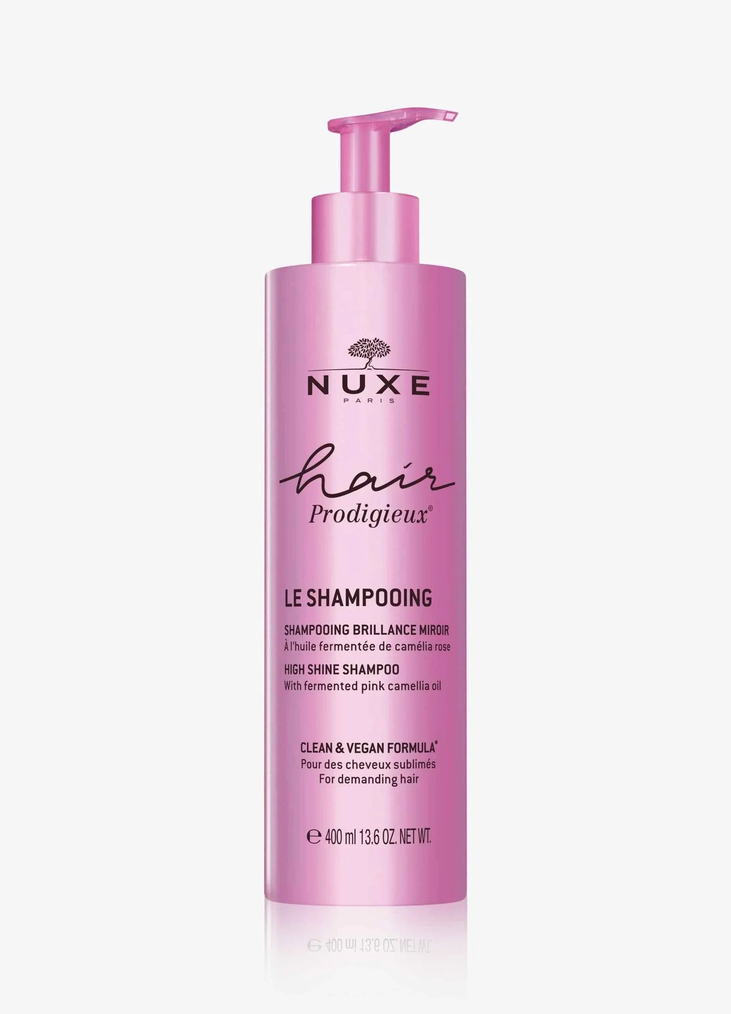 Shampoo Nuxe per capelli, flacone rosa 400ml, formula vegana per capelli luminosi