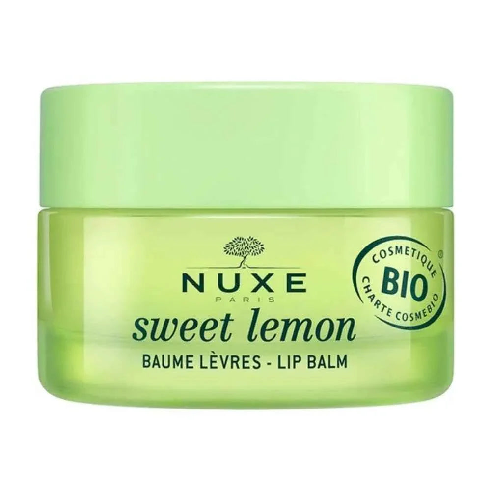 Balsamo labbra BIO Nuxe Sweet Lemon in vaso verde, cosmetico per labbra secche