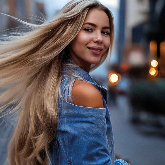 Donna con lunghi capelli biondi luminosi e giacca di jeans, bellezza naturale in città