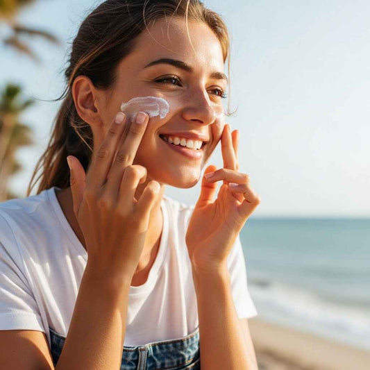 Donna applica crema solare viso sulla spiaggia, protezione solare e skincare estiva