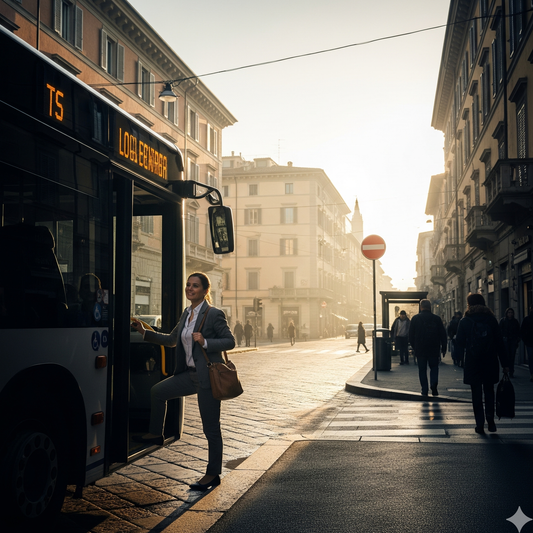 Donna in abito elegante sale su autobus urbano in città italiana al mattino.