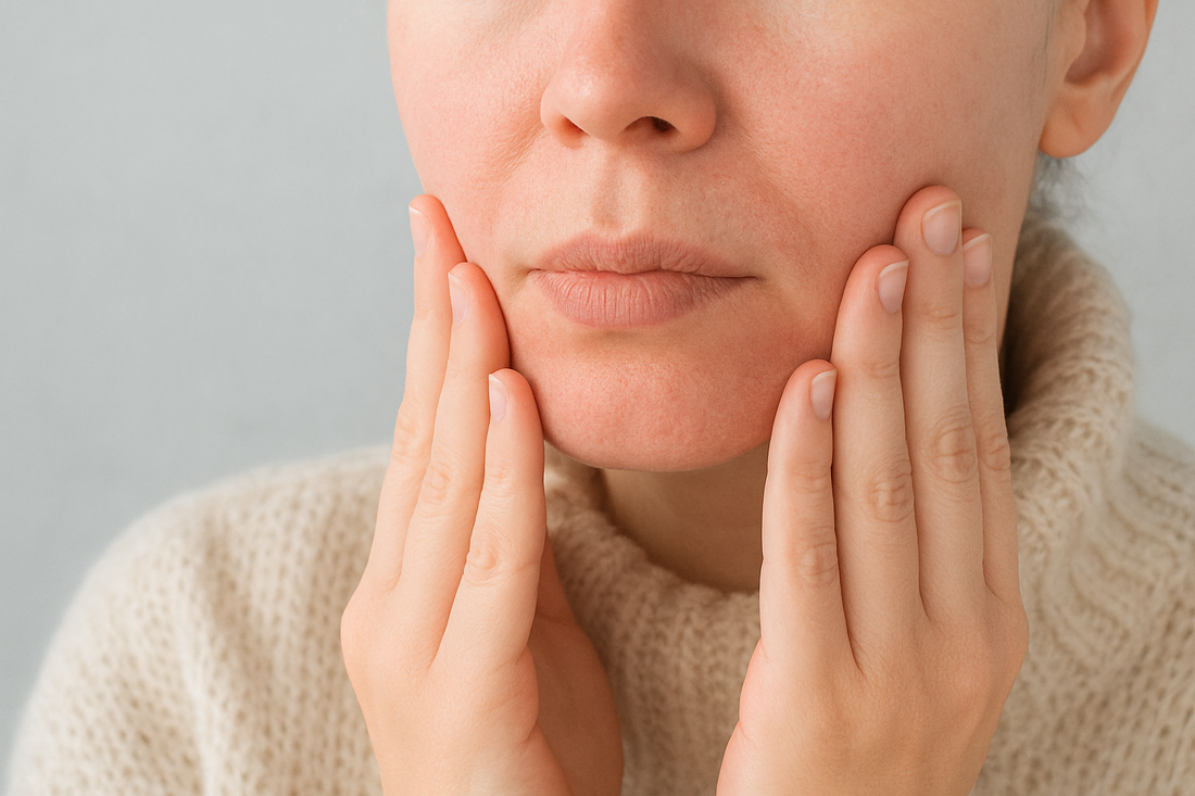 Donna con pelle arrossata sul viso, sintomo di sensibilità o irritazione cutanea