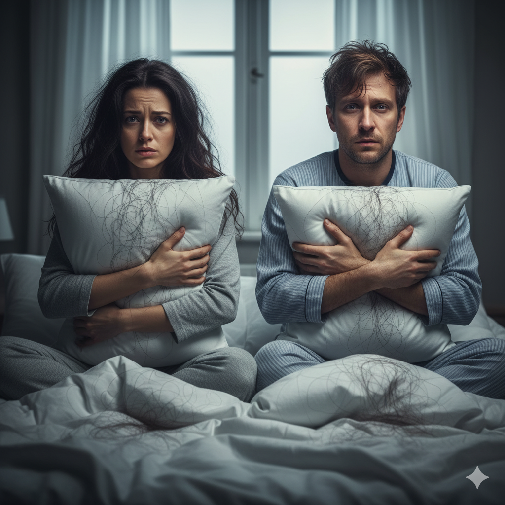 Coppia seduta a letto con cuscini pieni di capelli, preoccupazione per caduta capelli.