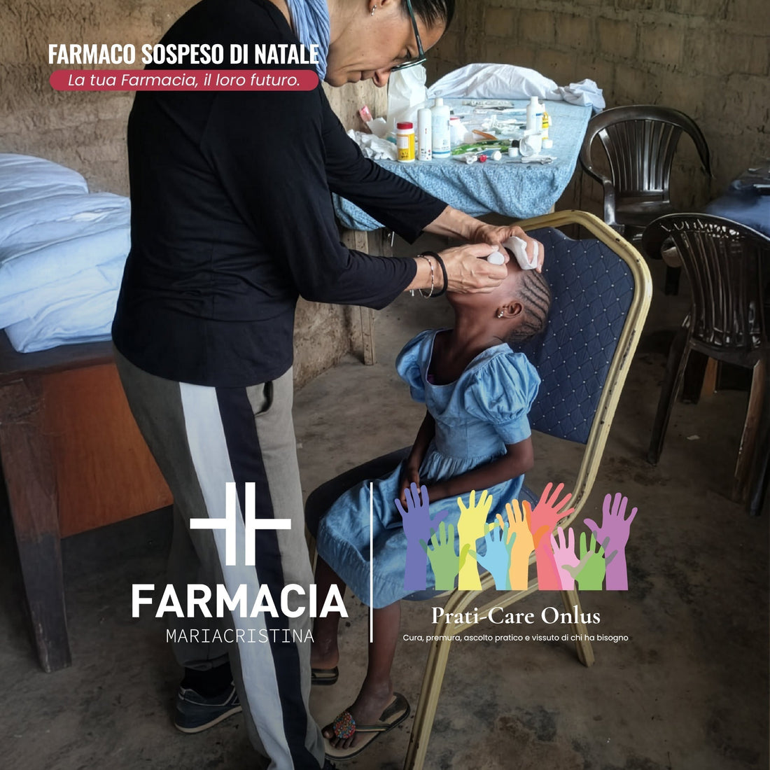 Operatore sanitario cura una bambina in ambiente medico umanitario, donazione farmaci, solidarietà.