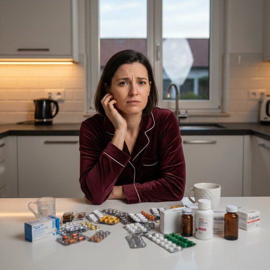 Donna preoccupata in cucina davanti a farmaci, integratori e dispositivi medici.