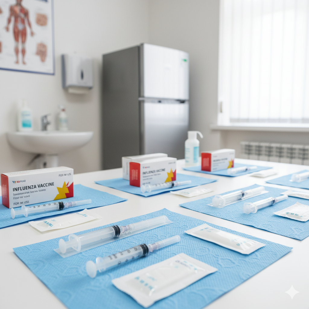 Vaccini e siringhe pronti su tavolo in ambulatorio, prevenzione influenzale, farmacia online.