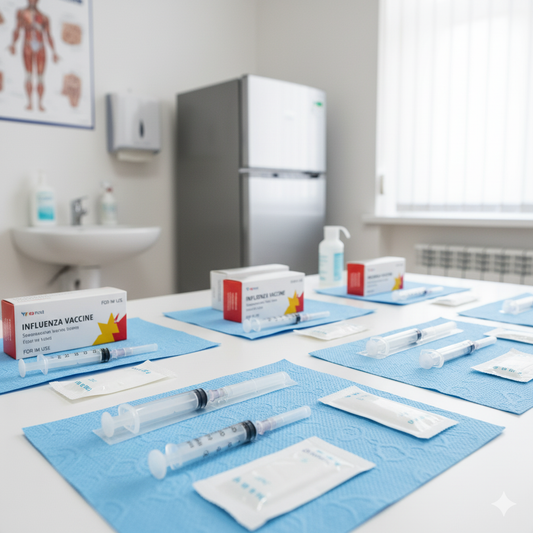 Vaccini e siringhe pronti su tavolo in ambulatorio, prevenzione influenzale, farmacia online.