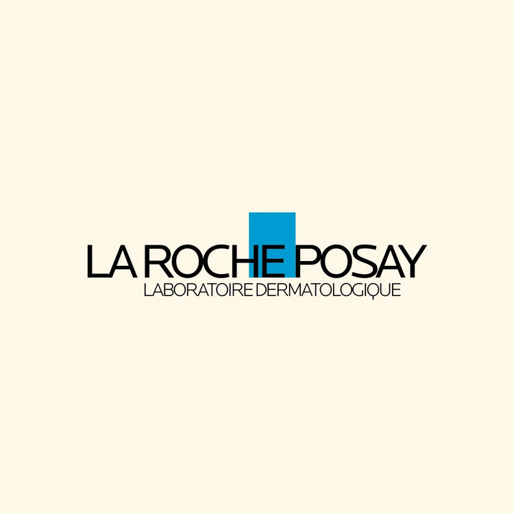 Logo La Roche-Posay laboratorio dermatologico con sfondo beige, marchio cosmetici skincare.