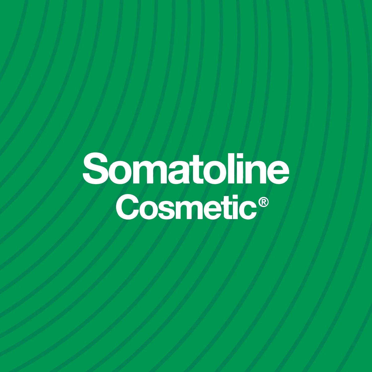 Logo Somatoline Cosmetic su sfondo verde con linee curve, prodotti cosmetici e dermocosmesi.