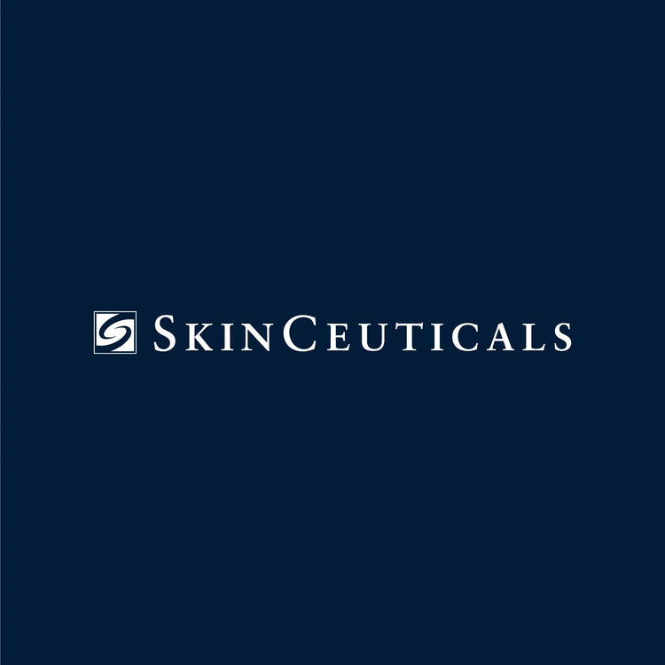 Logo SkinCeuticals su sfondo blu, cosmetici e dermocosmesi skincare professionale.