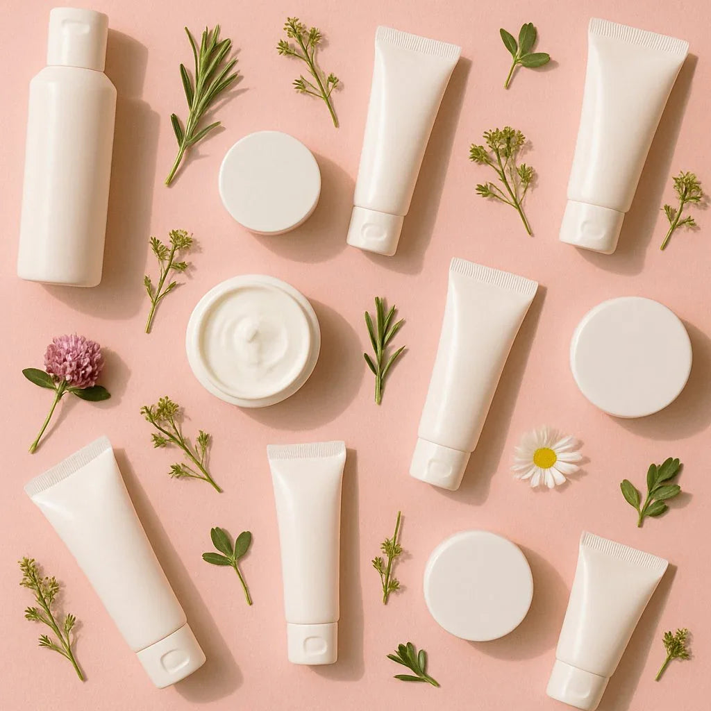 Cosmetici bianchi in tubo e vasetti su sfondo rosa con erbe e fiori naturali