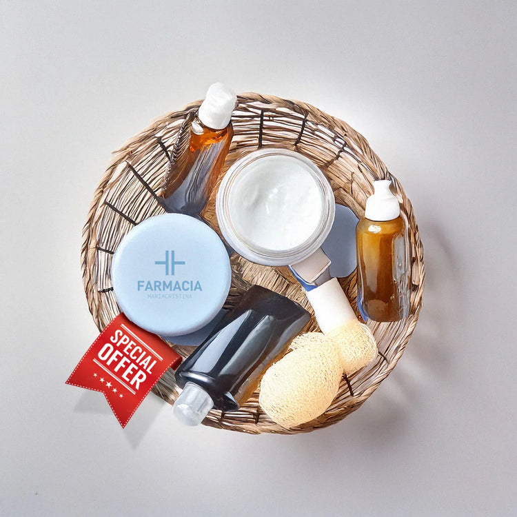 Cesto regalo prodotti cosmetici e skincare con crema, flaconi, spugna e offerta speciale