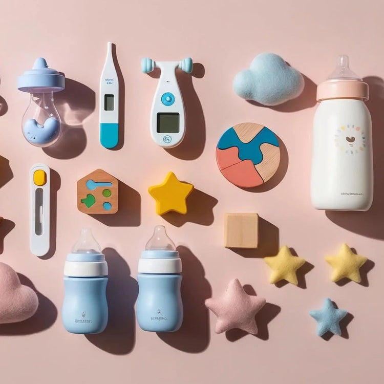 Prodotti infanzia: biberon, termometri, giochi educativi, stelline e nuvole su sfondo rosa.