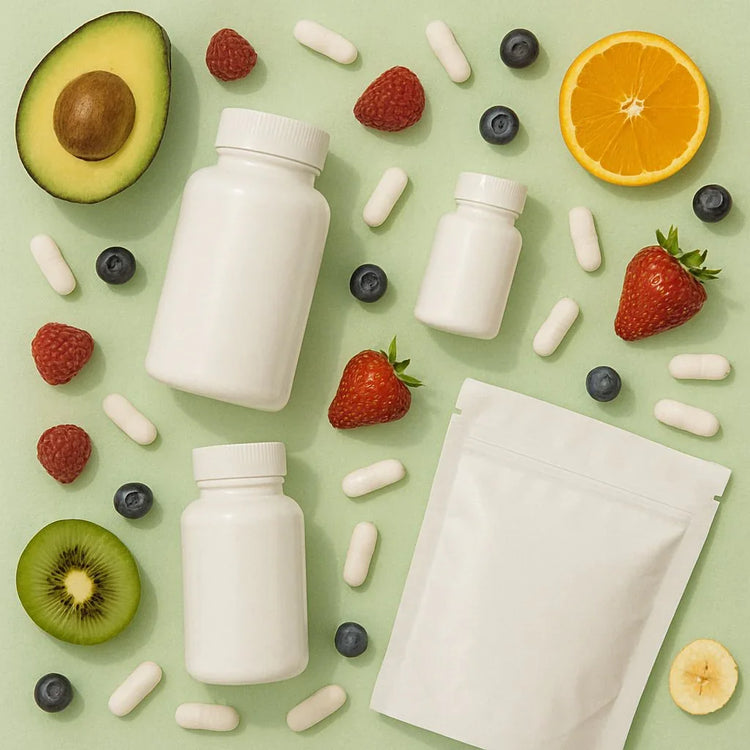 Integratori alimentari in barattoli bianchi con frutta e capsule su sfondo verde