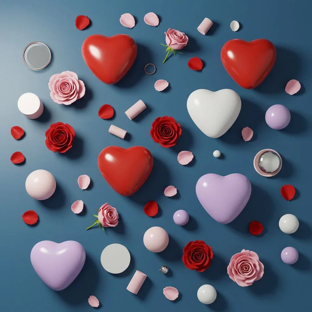 Cuori rossi, bianchi e lilla con rose, petali e cosmetici su sfondo blu, tema intimità.