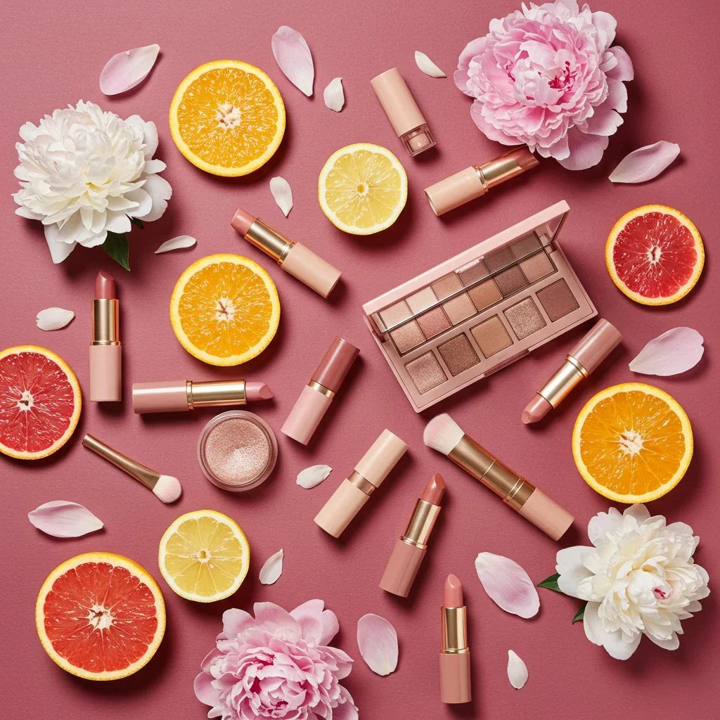 Trucco con rossetti nude, palette ombretti, fiori e agrumi su sfondo rosa, make-up naturale.
