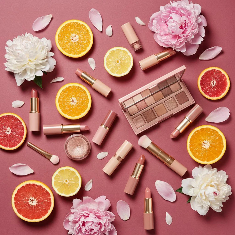 Trucco con rossetti nude, palette ombretti, fiori e agrumi su sfondo rosa, make-up naturale.