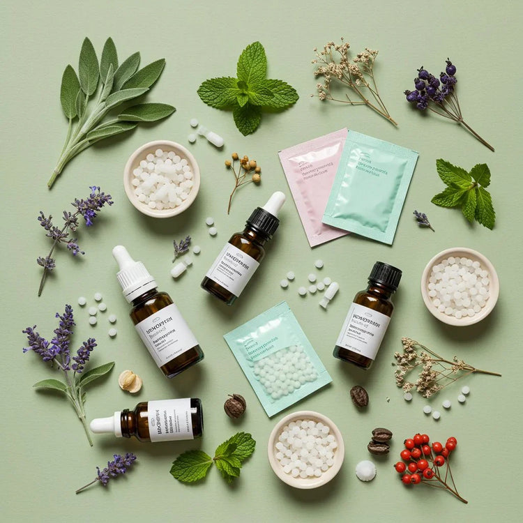 Prodotti omeopatici con flaconi, granuli e erbe naturali su sfondo verde, farmacia online.