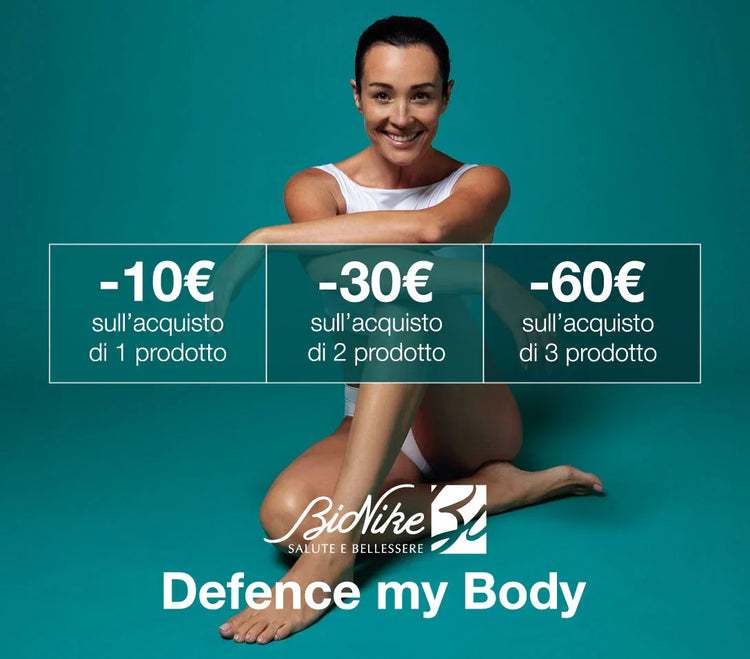 Donna sorridente su sfondo turchese, promo sconto BioNike Defence my Body cosmetici corpo.