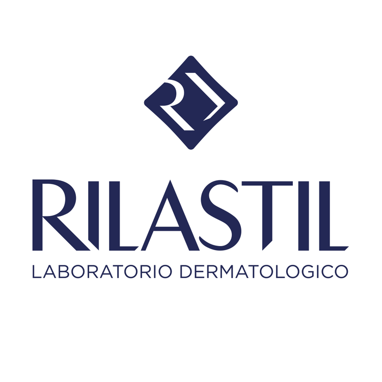 Logo Rilastil Laboratorio Dermatologico, fondo bianco, scritta blu, cosmetici dermatologici