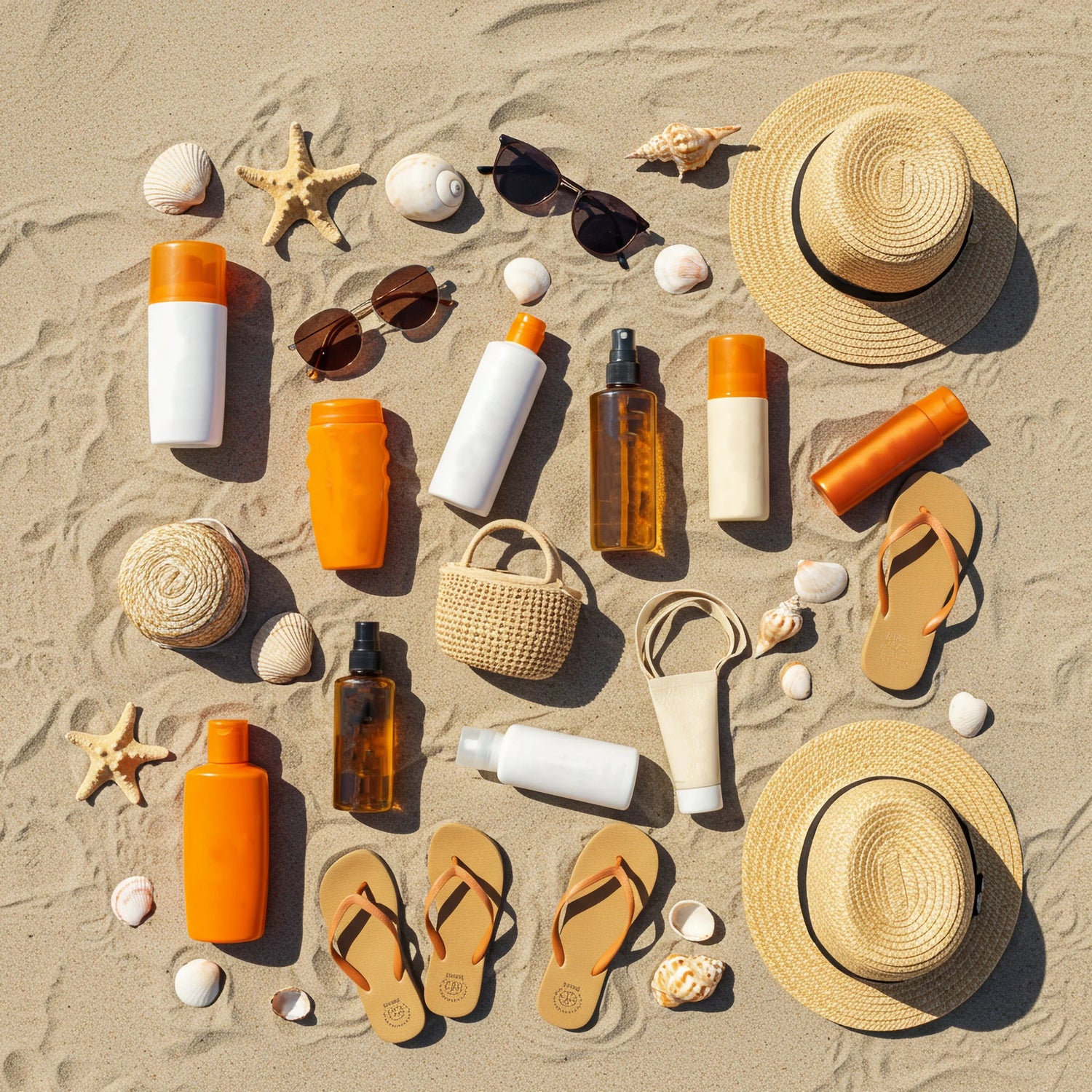Solari, creme solari, occhiali da sole e accessori da spiaggia su sabbia con conchiglie