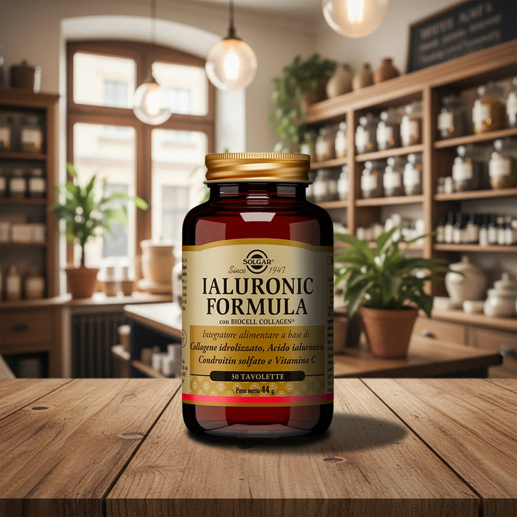 Integratore alimentare Ialuronic Formula con collagene idrolizzato e acido ialuronico su tavolo in farmacia