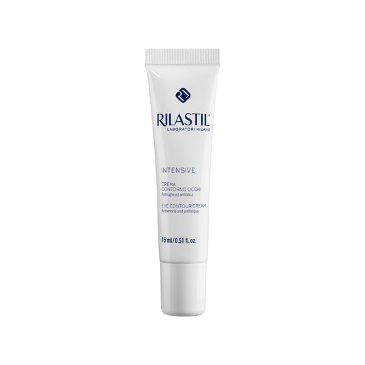 Flacone di Rilastil Intensive Crema Contorno Occhi nutriente e antirughe fotografato presso Farmacia Maria Cristina Torino.