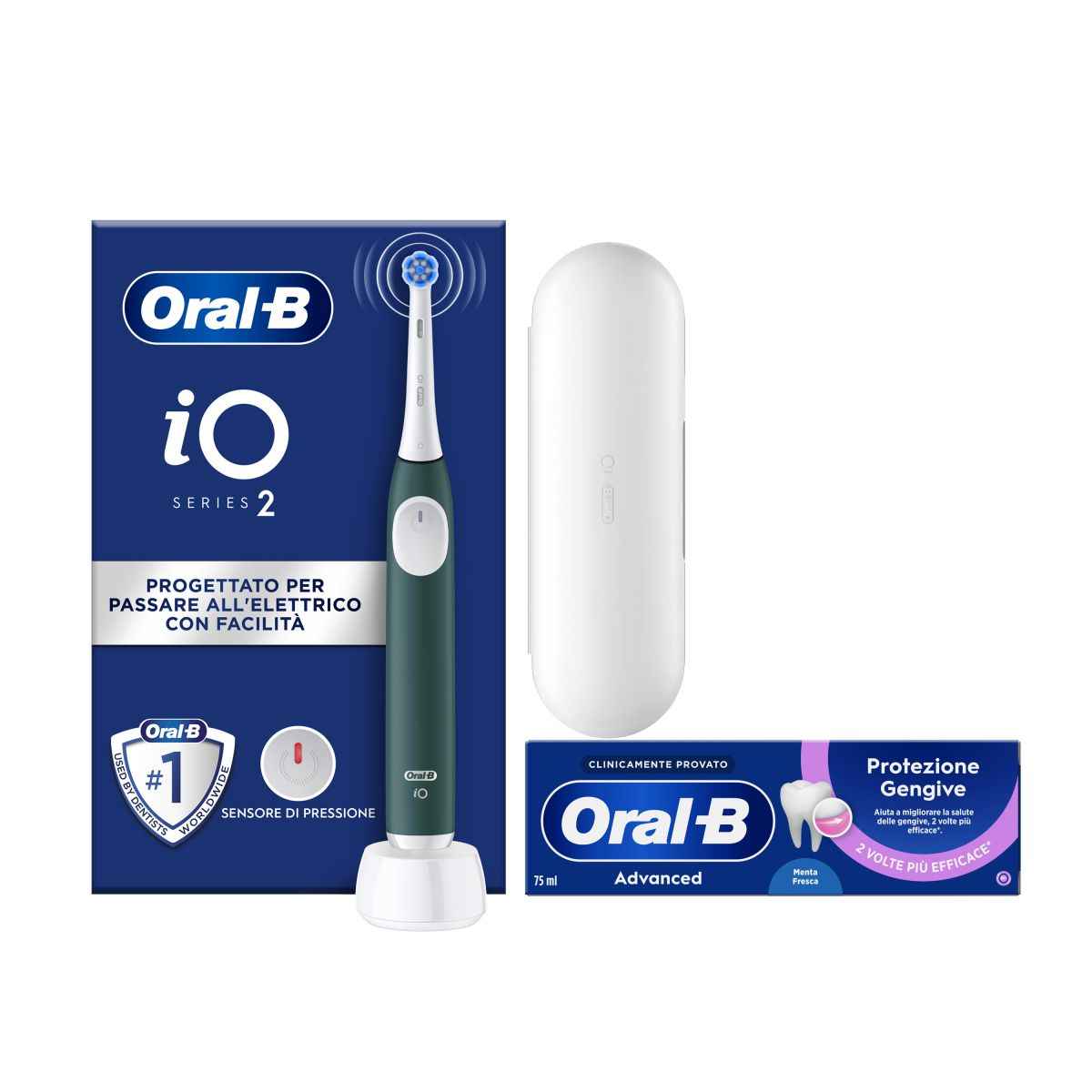 Oral-B Spazzolino Elettrico iO 2 Verde, 1 Testina, 1 Custodia Da Viaggio + Dentifricio Advanced Protezione Gengive