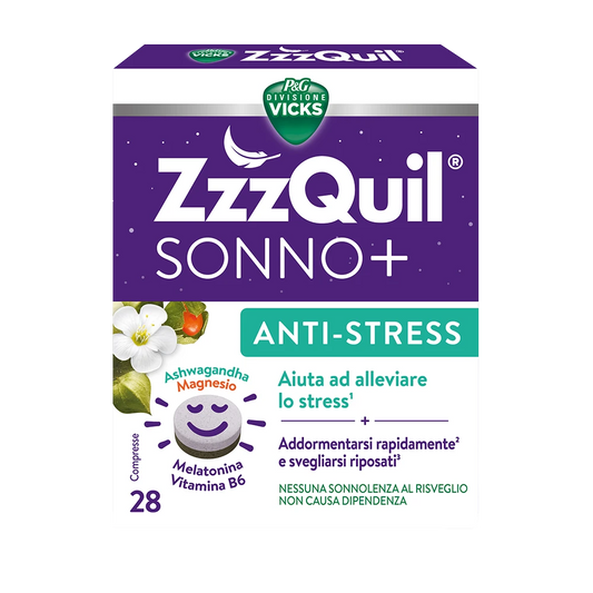 ZzzQuil Anti-Stress Integratore con Melatonina, Ashwagandha, Magnesio, Vitamina B6 ed Estratti Botanici, 28 Compresse - Farmacia Maria Cristina