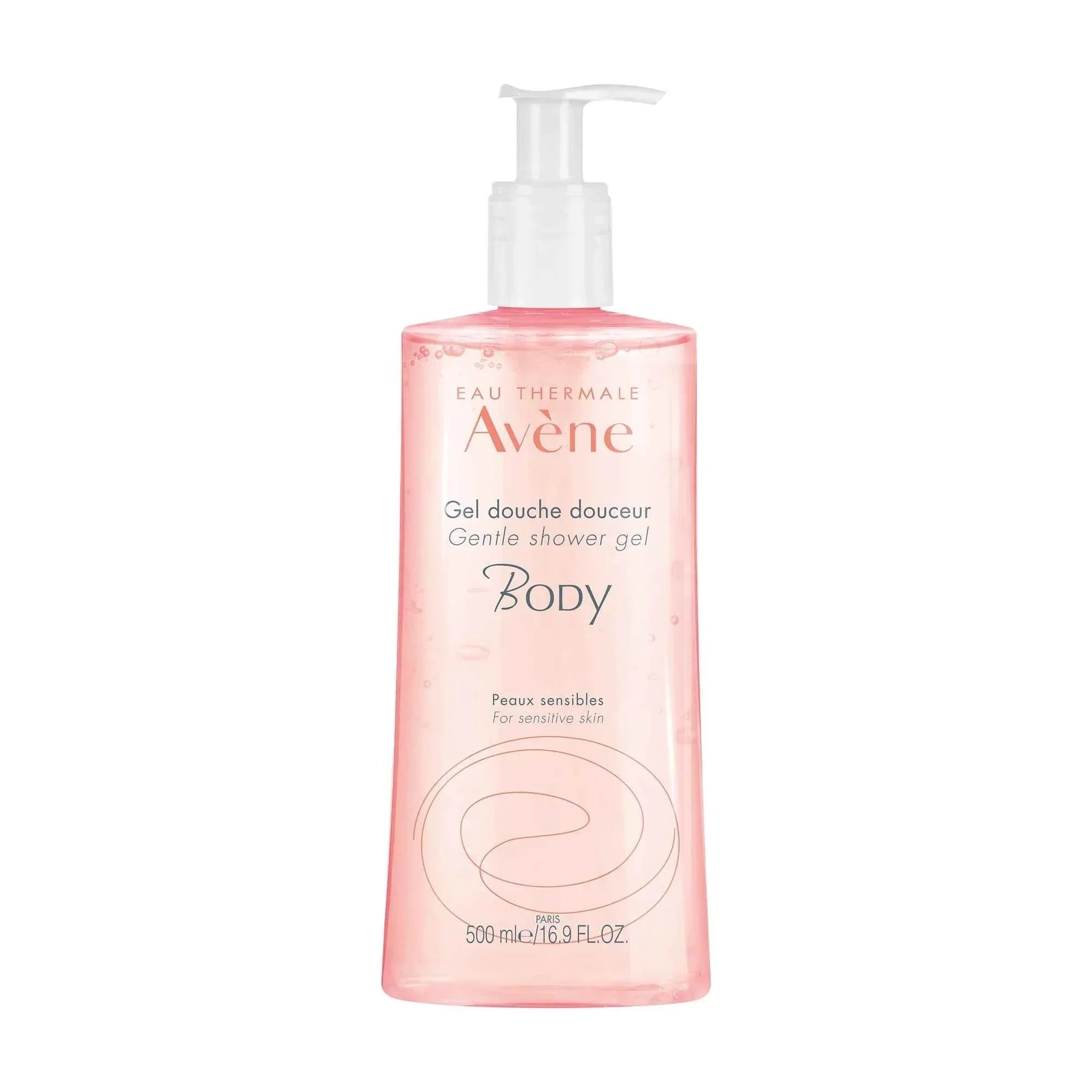 Gel doccia dolce Avène per pelli sensibili, flacone trasparente 500ml con dispenser.