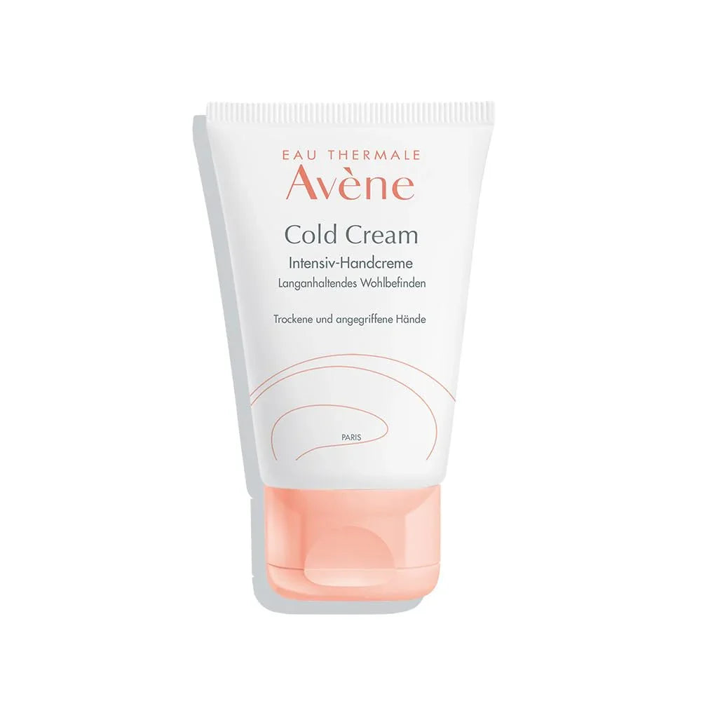 Crema mani idratante Avène Cold Cream, tubetto bianco con tappo rosa, cosmetico dermocosmesi.