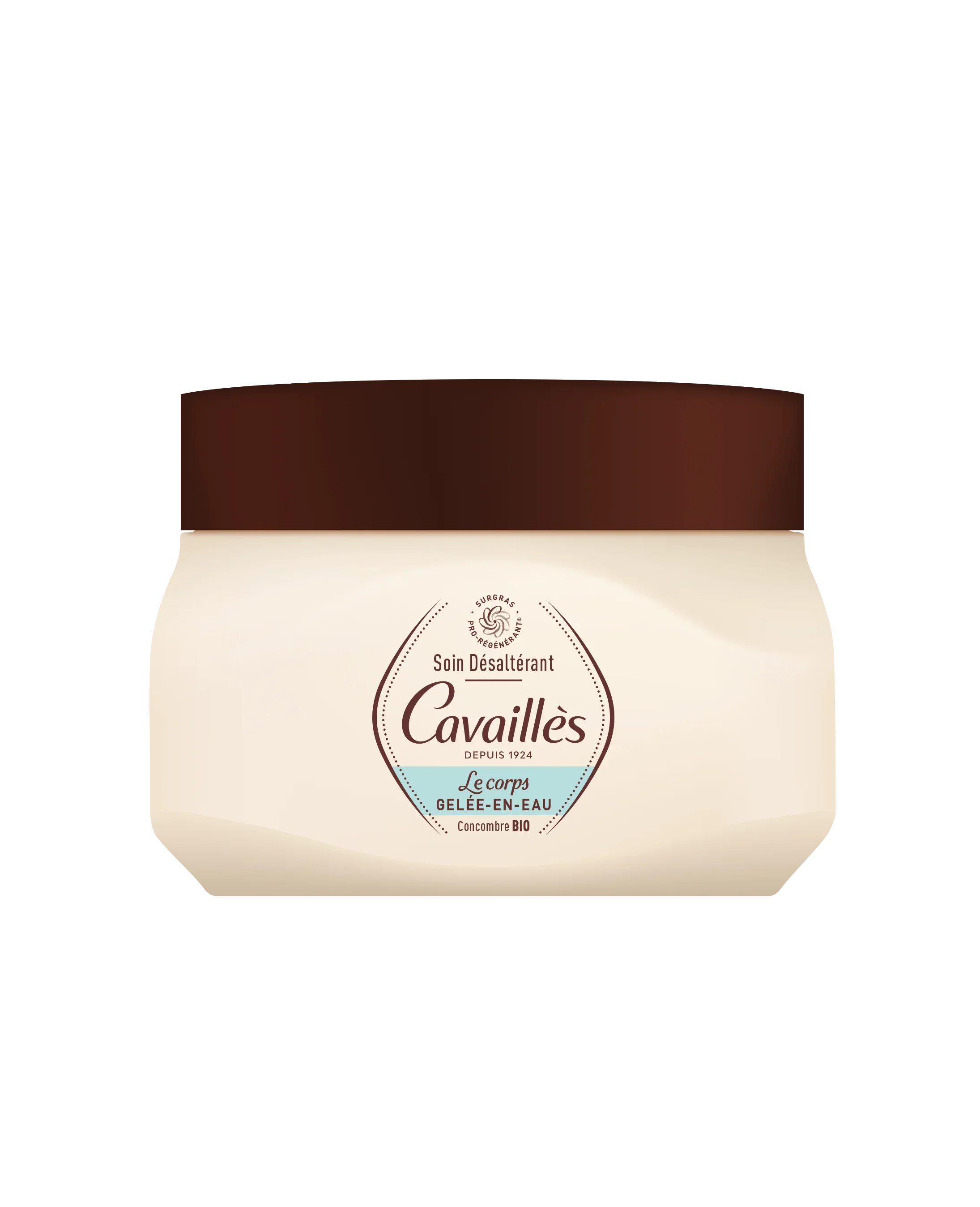 Vaso crema corpo idratante Cavaillès Gelée-en-Eau con tappo marrone, etichetta in primo piano