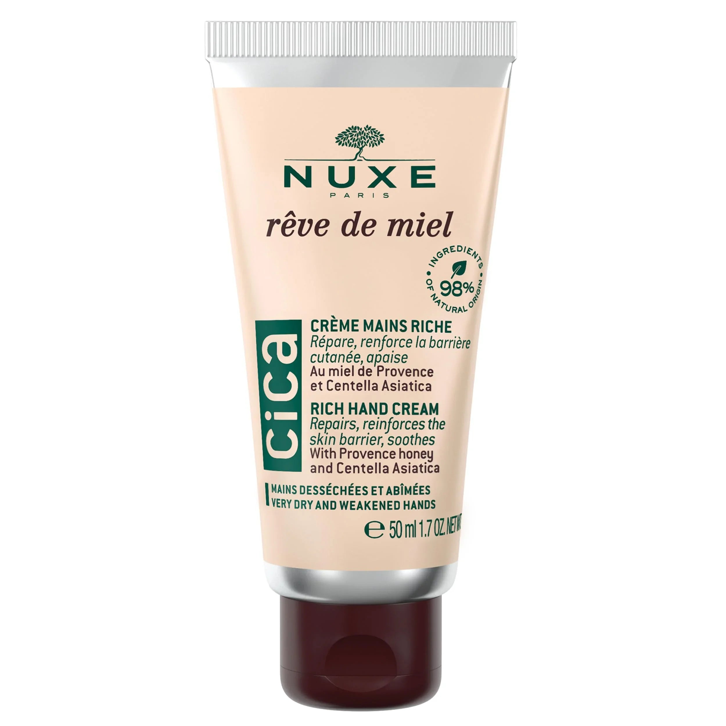 Tubo crema mani Nuxe Rêve de Miel, idratante riparatrice per mani secche, 50 ml.