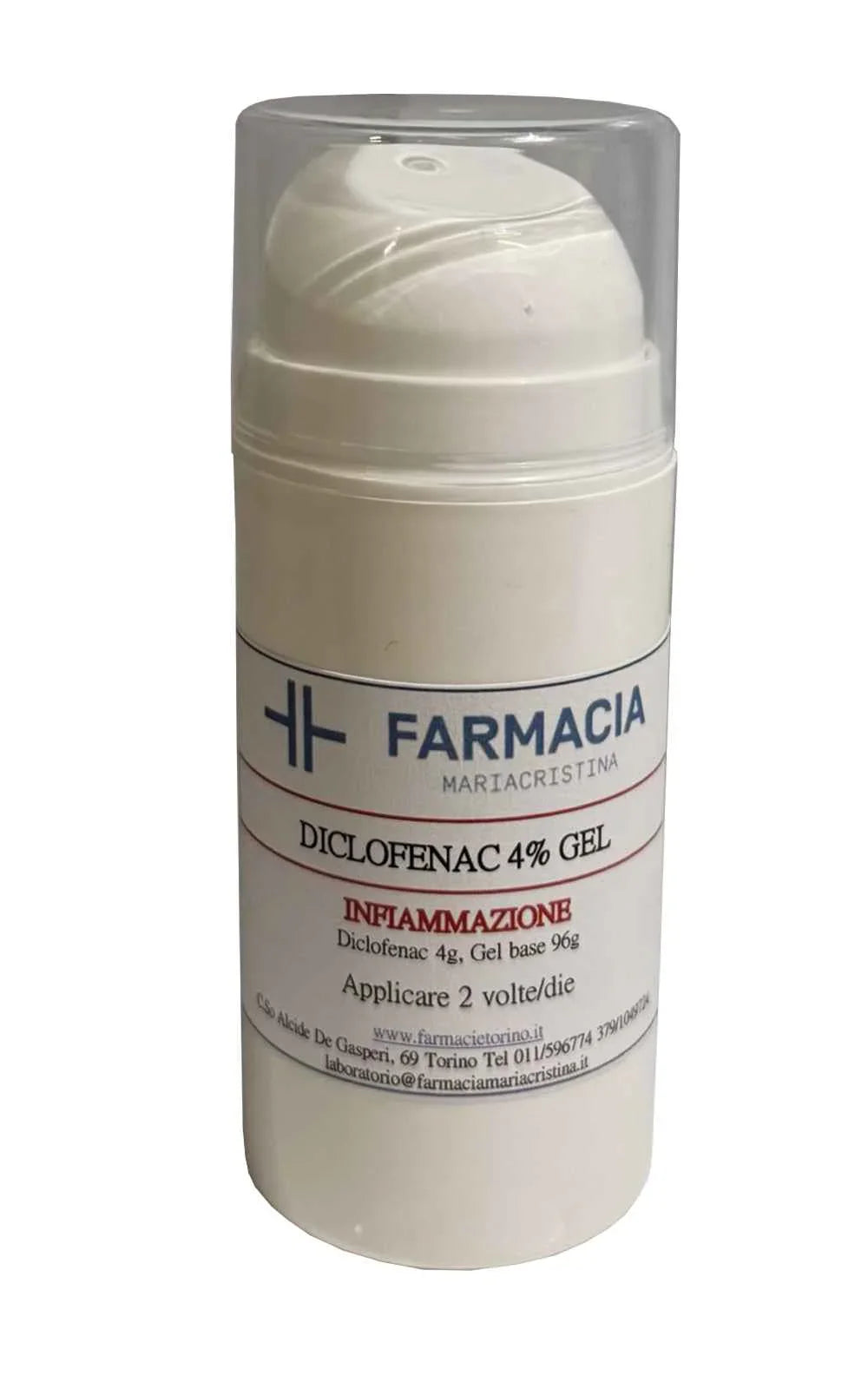Flacone di gel Diclofenac 4% per infiammazione, prodotto parafarmaceutico con tappo trasparente.