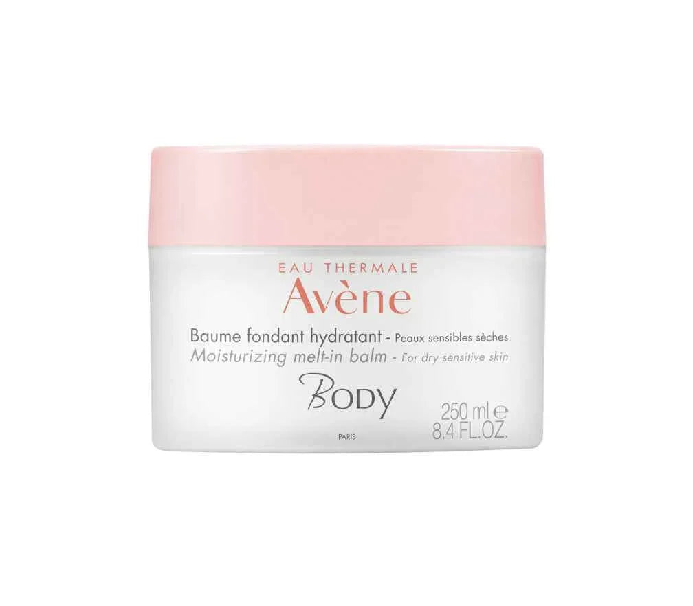 Balsamo corpo idratante Avène 250 ml per pelle secca e sensibile, confezione bianca e rosa