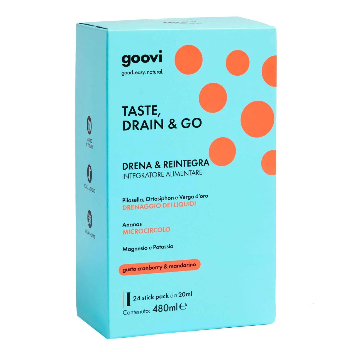 Integratore alimentare Goovi Taste Drain & Go, scatola azzurra con dettagli arancioni, 480ml, gusto cranberry e mandarino.