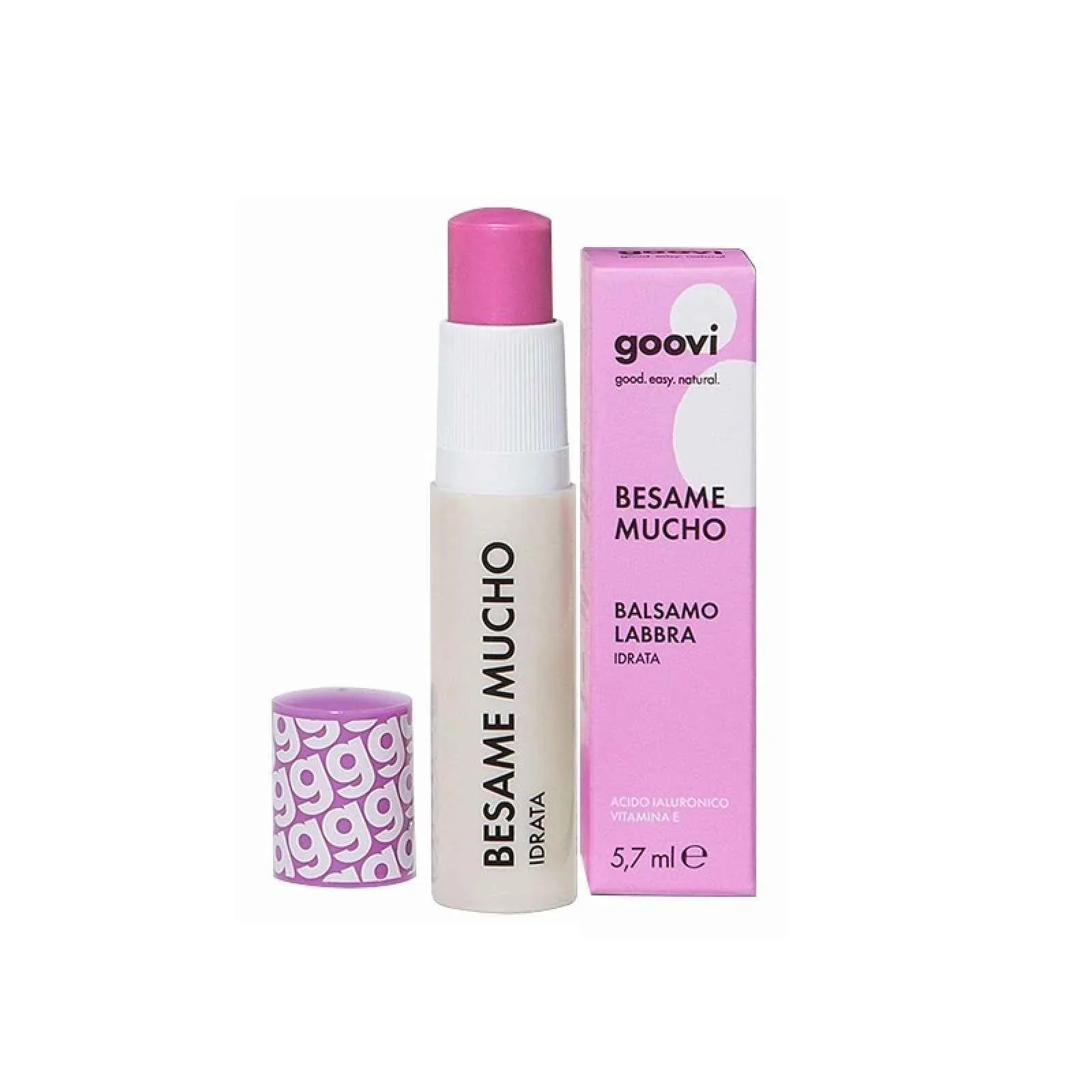 Balsamo labbra idratante Goovi Besame Mucho con confezione rosa e scritte in evidenza.