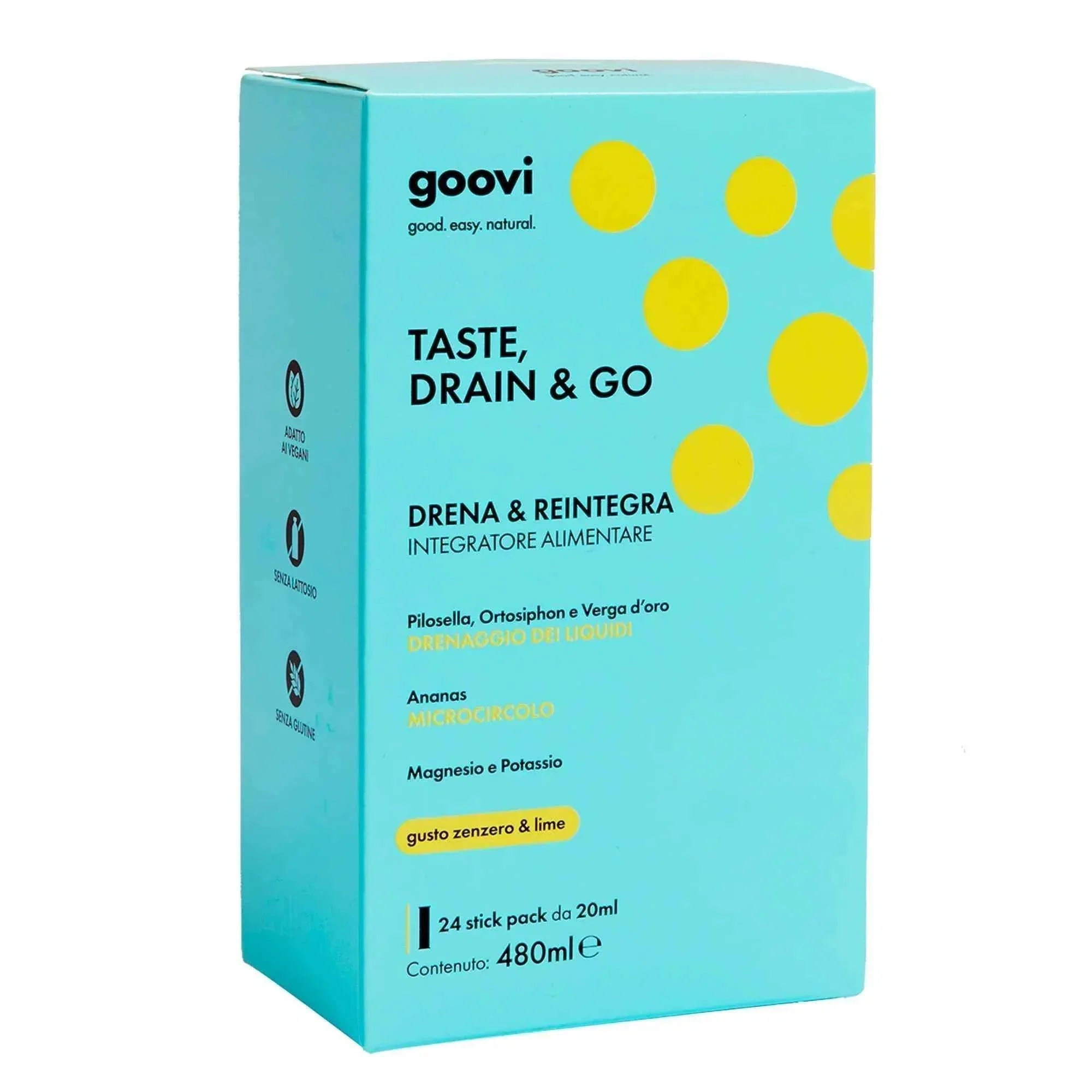 Integratore alimentare Taste Drain & Go Goovi, confezione azzurra con dettagli gialli, 24 stick zenzero lime.
