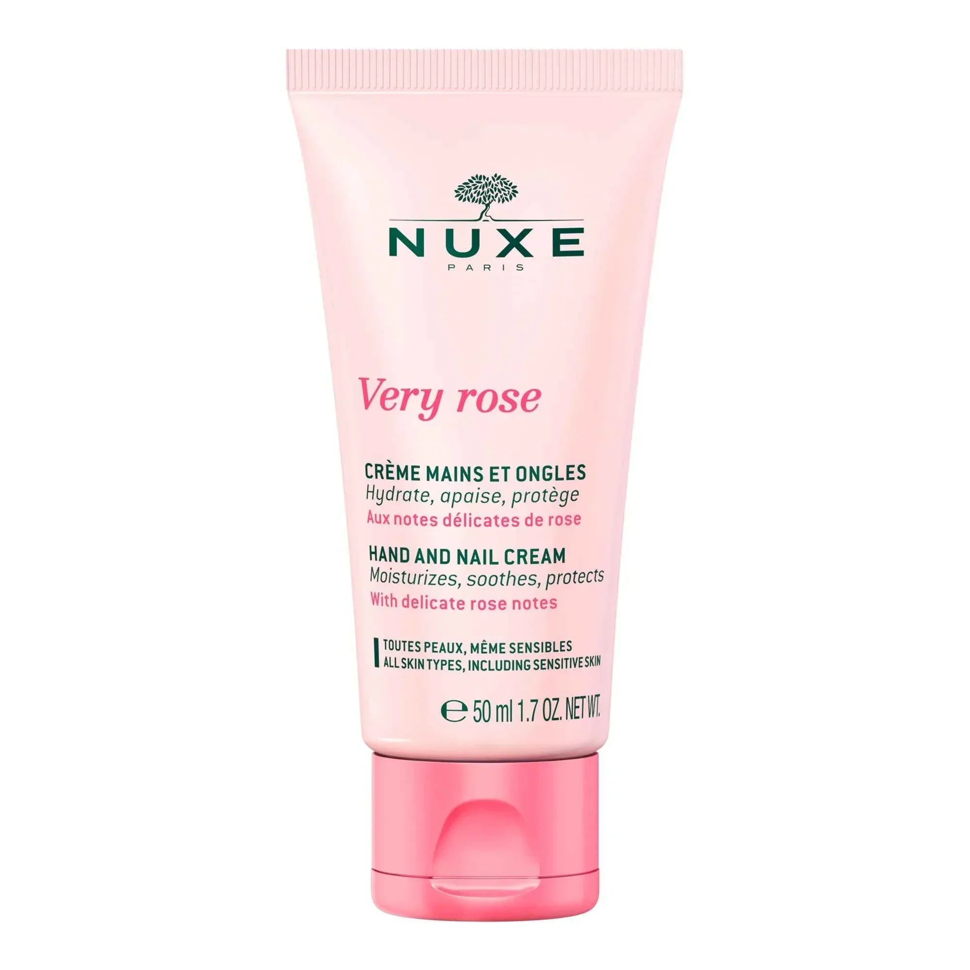 Crema mani e unghie Very Rose, tubetto rosa 50 ml, idratante e lenitiva alla rosa.