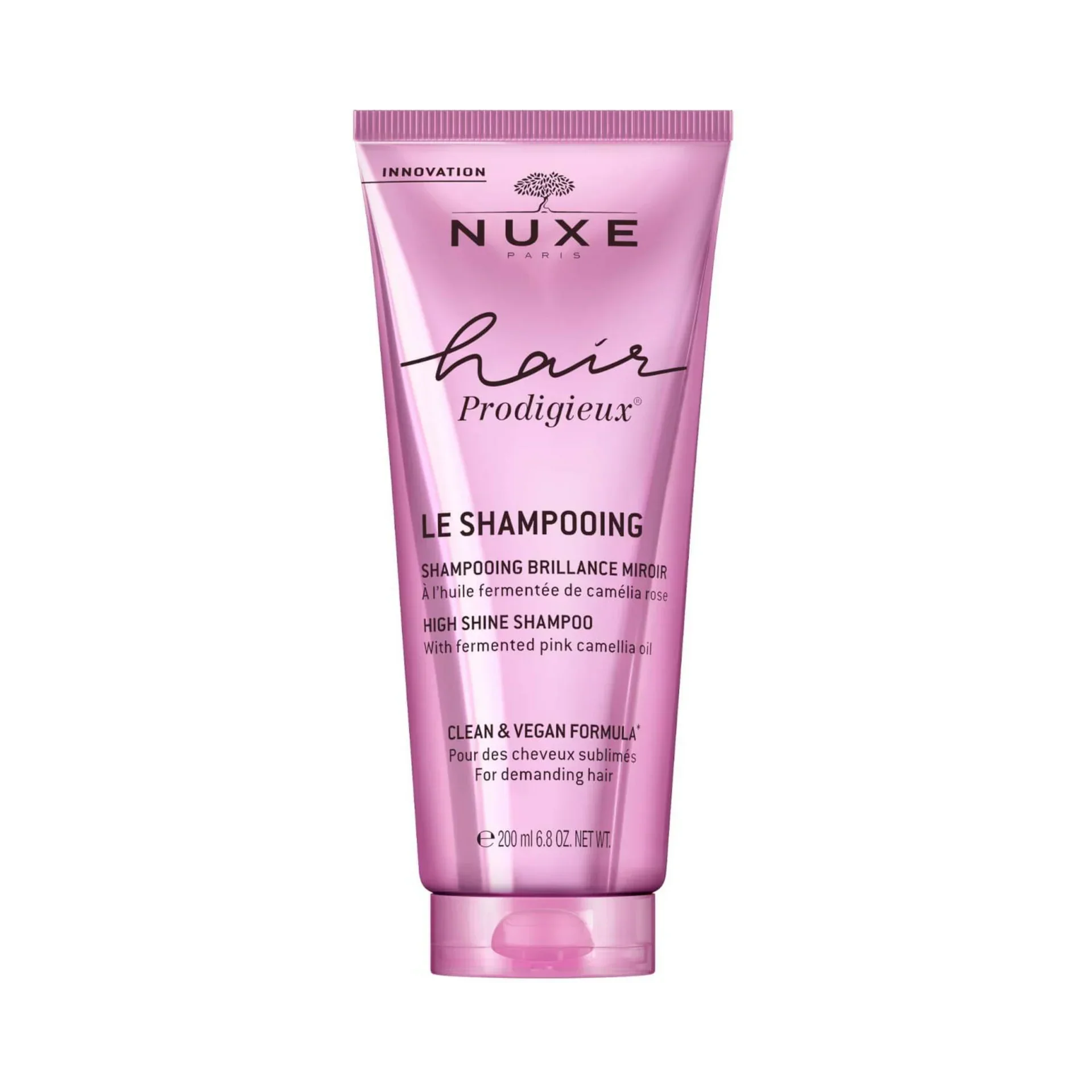 Shampoo Nuxe Hair Prodigeux in tubo rosa, formula vegana per capelli luminosi, 200 ml