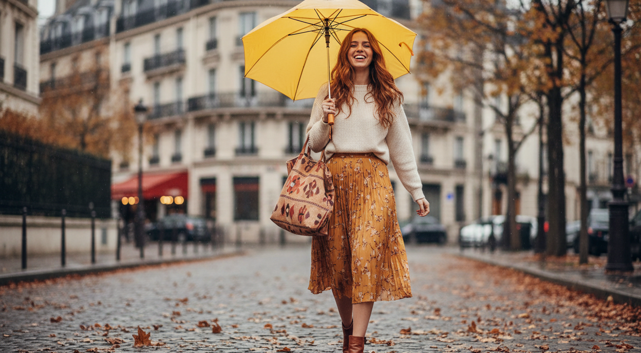 scatto fotografico di una giovane modella francese che passeggia per Parigi in un giorno d'autunno. Lei è sorridente e si ripara sotto un ombrello giallo. In mano ha una shopper di tessuto.