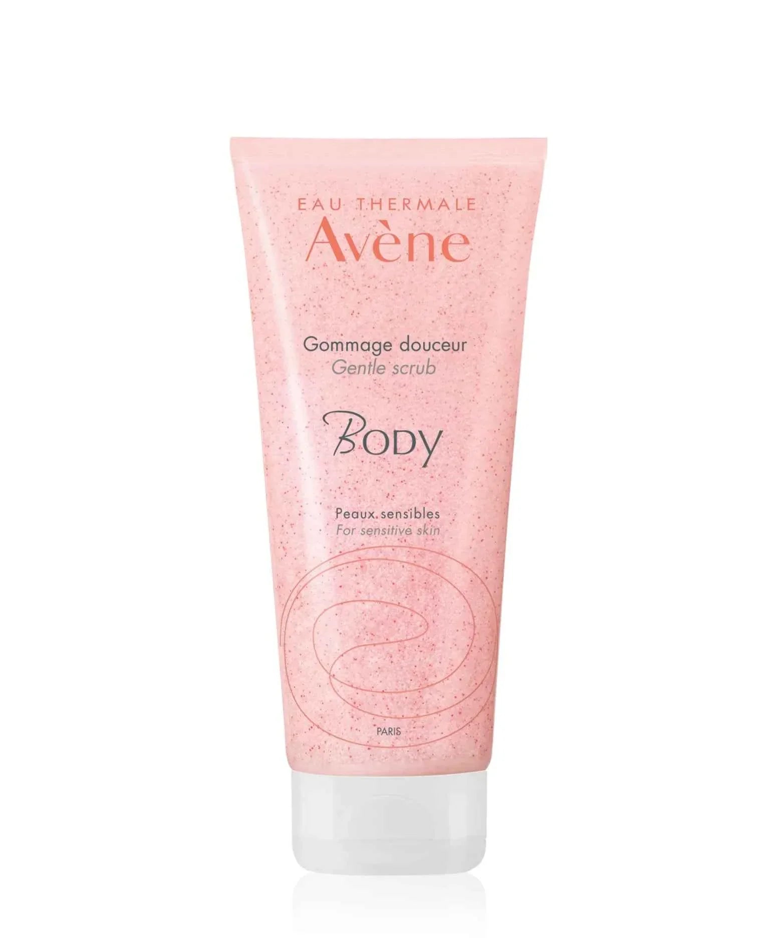 Gommage corpo delicato Avène per pelli sensibili, confezione rosa, scrub esfoliante.